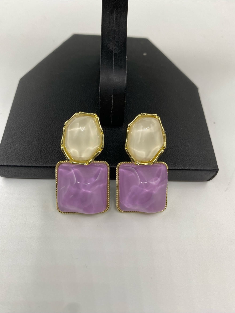 Fashion Jewelry Gold-Tone Purple and Cream Double Drop Earrings - Picture 2 of 3
